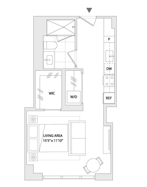 Floor plan for studio, 1 bath, 497 sqft
